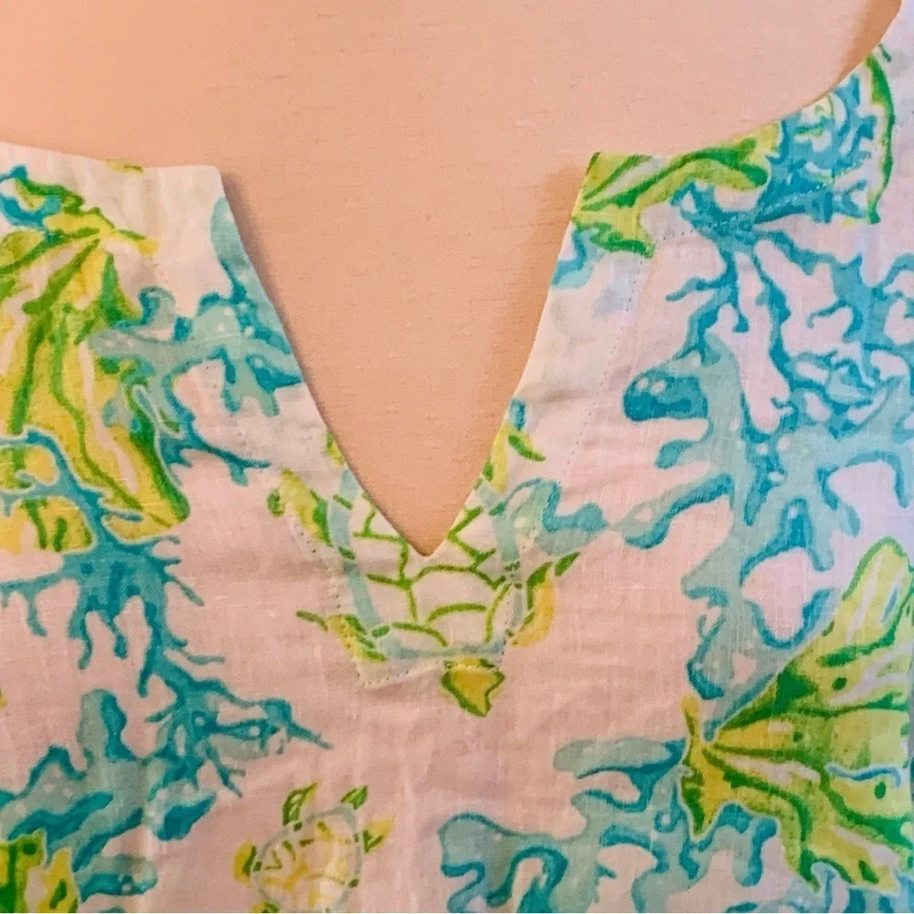 J Jill Love Linen Tunic Blouse Top Size M Blue Green Sea Turtle Print *flaw Read